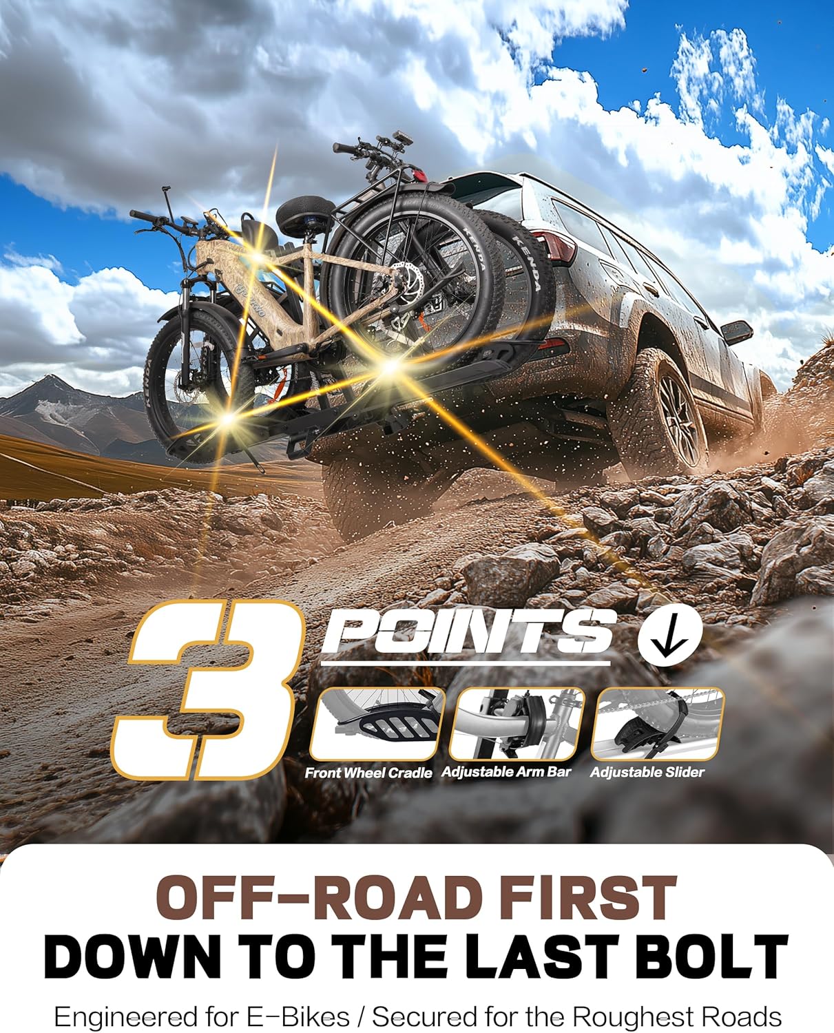 E-Bike Rack with Ramp, Hitch 2 Bike Rack, 200 lbs Capacity Electric Bike Carrier, Foldable Platform Mount for Cars, Trucks, SUVs, Minivans, Up to 5-Inch Fat Tire for 2'' Receiver