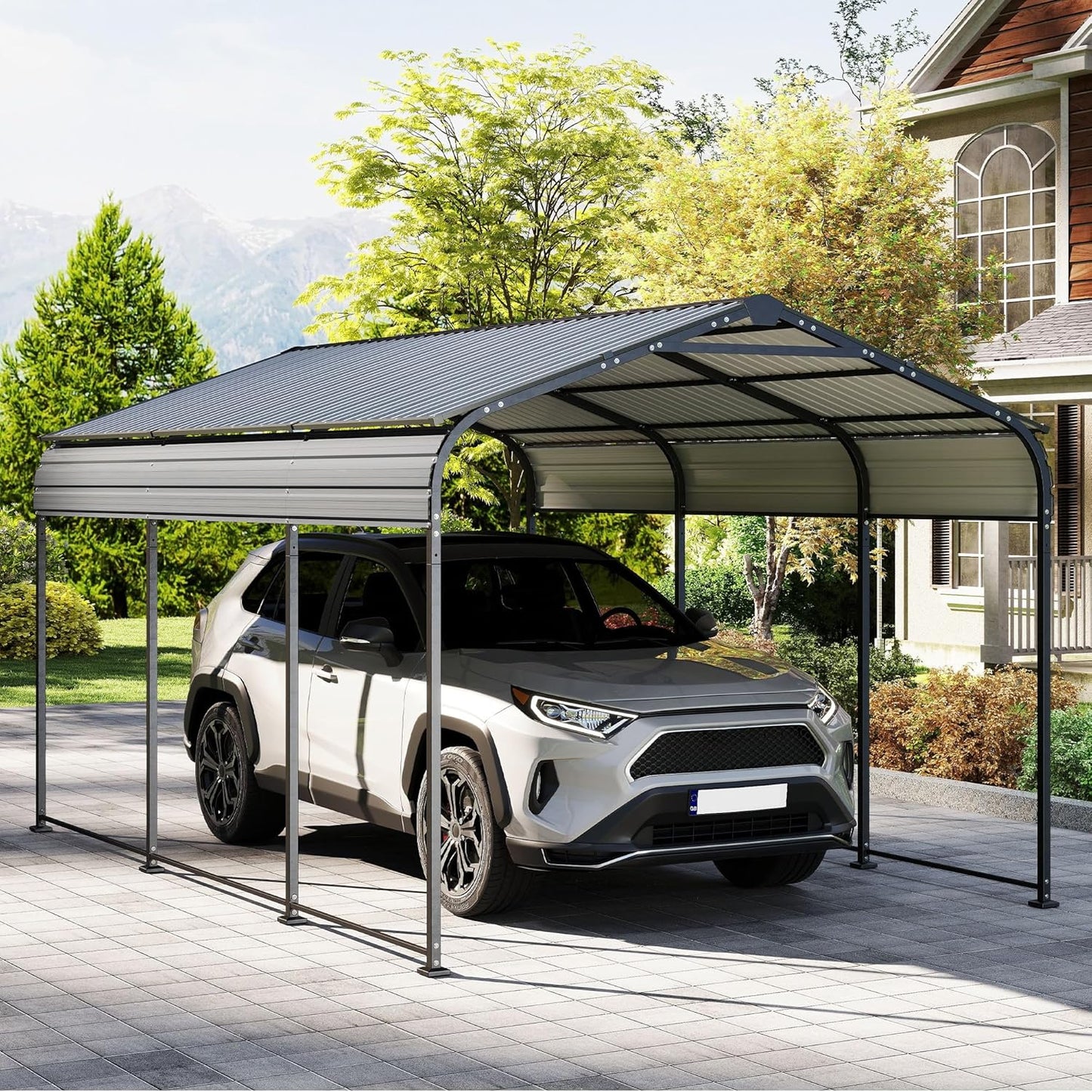 10×15FT Metal Carport, Heavy Duty Car Port, All-Weather Outdoor Storage Trucks, Boats, Cars, Galvanized Steel Roof, Vertical Stripe Design