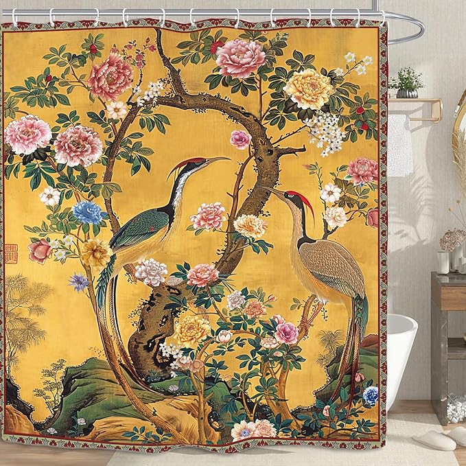 Vintage Flower Shower Curtain 60Wx72L Inch Crane Peony Vintage Retro Chinese Plant Botanical Yellow Bathroom Set Accessories Decor with 12 Pack Hooks