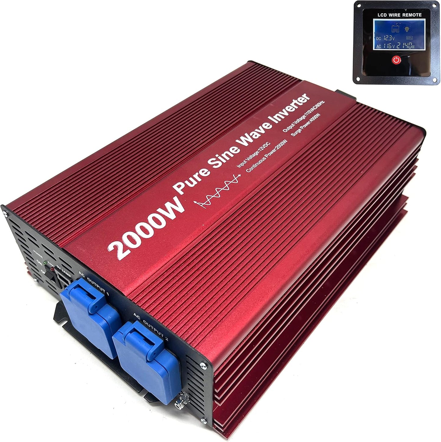 2000W Pure Sine Wave Inverter 12V to 120V AC with 2 AC outlets (IP54 ETL Approved Sockets),DC5V 2 Amp USB Output, LCD Wire Remote kit and OFC Battery Cables,Input terminals Fixing Wrench