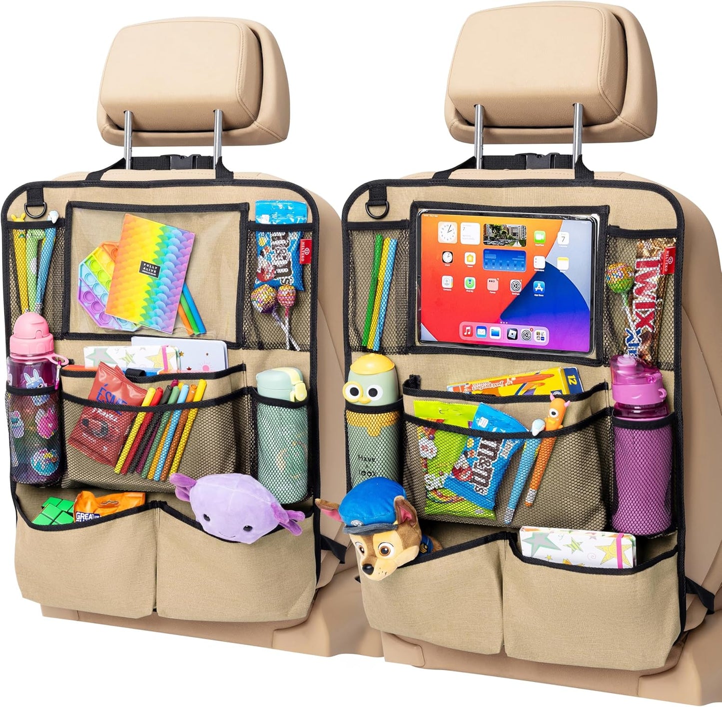 Helteko Backseat Car Organizer, Kick Mats Back Seat Protector with Touch Screen Tablet Holder, Back Seat Organizer for Kids with 9 Storage Pockets, Travel Accessories (2 Pack, Beige)