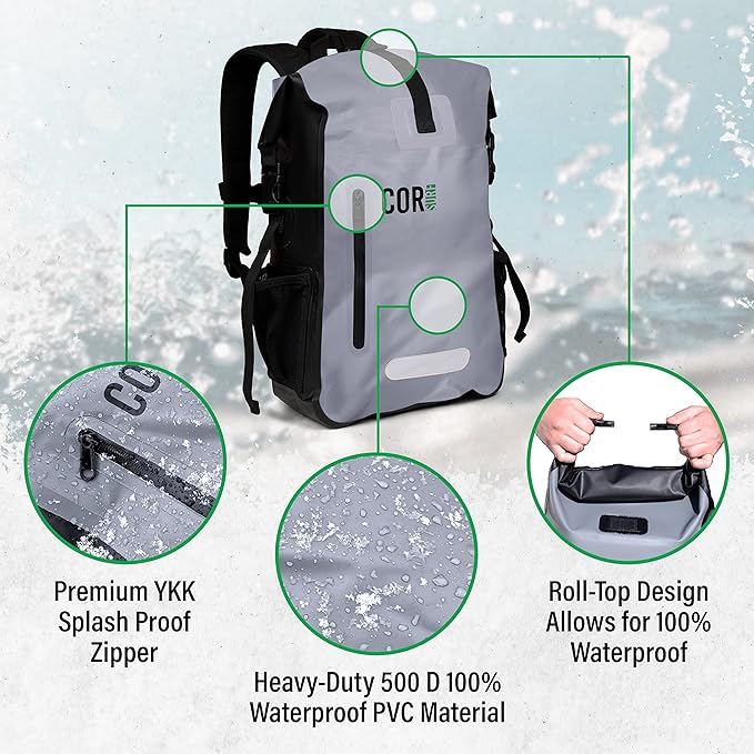 Waterproof Backpack with Laptop Sleeve | Heavy Duty Hiking, Kayak Dry Bag Backpack | Roll-Top Closure (25L Black)