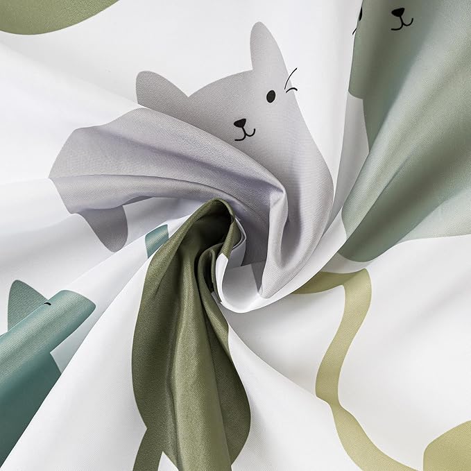 Sunlit Design Lovely Sage Green Cartoon Cats Fabric Shower Curtain, Cute Cats Bathroom Decoration Curtains for Baby Kids Children, 72x72