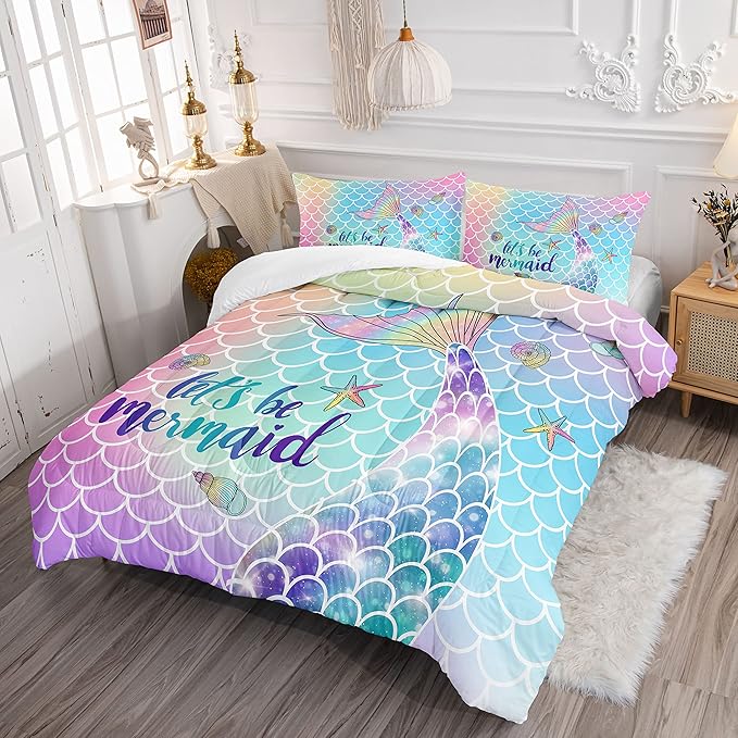 Bedding Comforter Set Rainbow Scales Mermaid Printed Pattern Bedding Set with 1 Comforter and 2 Pillowcases for Girls Bedroom All Season(Rainbow Scales Mermaid Full), Full 80x90inches