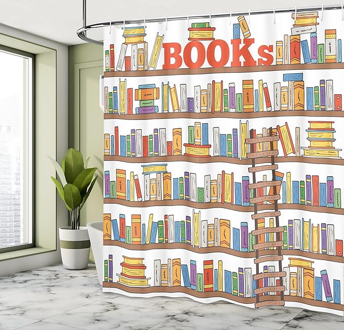 Ambesonne Modern Shower Curtain, Library Bookshelf a Ladder Campus Life Caricature Illustration, Cloth Fabric Bathroom Decor Set with Hooks, 69" W x 70" L, White Coral Multicolor