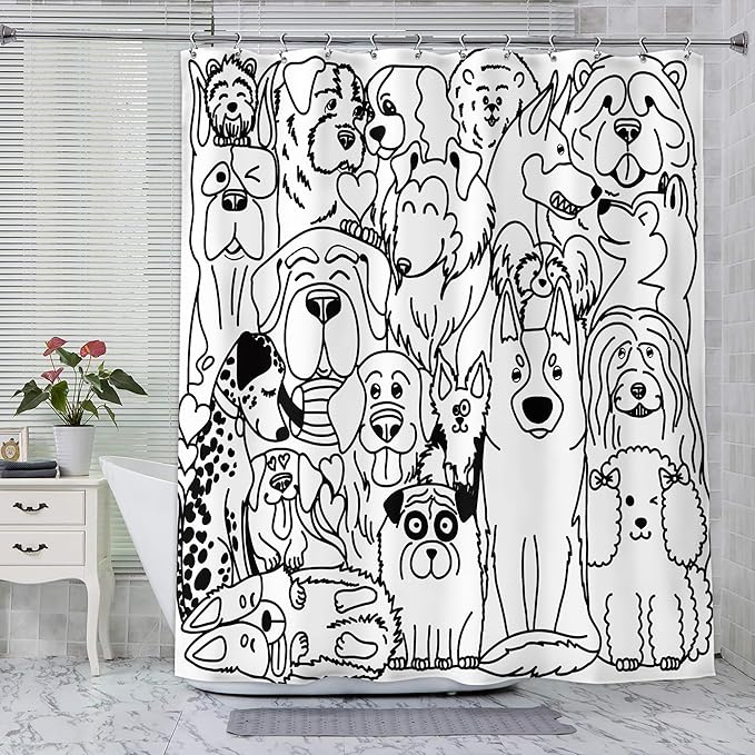 SVBright Funny Cute Dog Shower Curtain 72Wx72L Inch Cartoon Black and White Lovely Animals Silhouette for Kids Kawaii Cool Hilarious 12 Pack Hooks Polyester Waterproof Fabric Bathroom Bathtub Panels