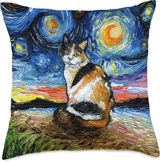 Calico Cat Starry Night Kitty and Moon Art by Aja Throw Pillow