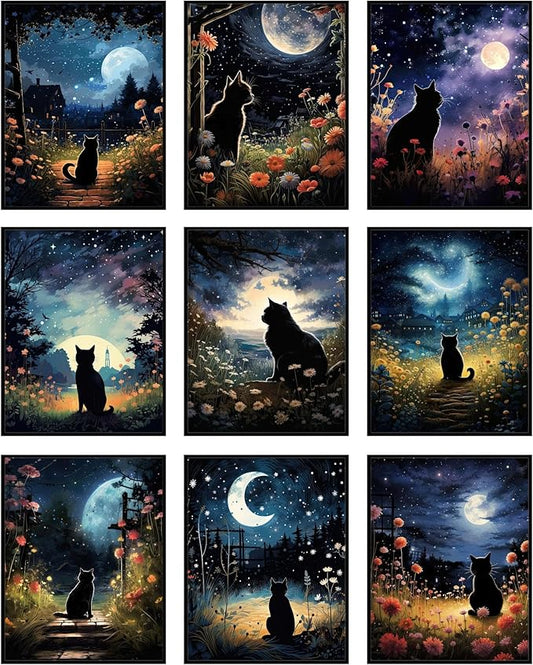 BigWig Prints Black Cat Wall Art - Starry Night Cat Posters, Space-Themed Artwork for Bedroom or Living Room, Cute Pet Pictures for Home Decor - Unframed Set of 9 (8x10)
