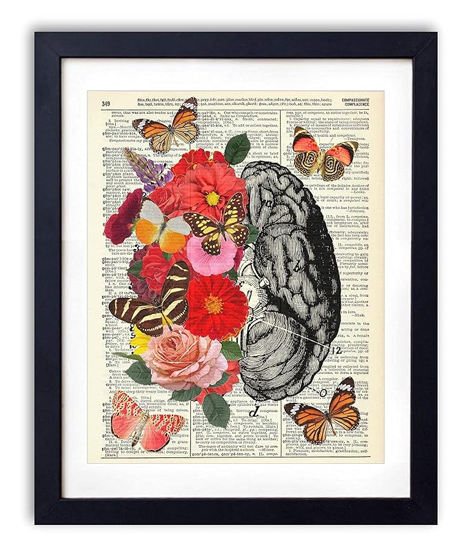 Vintage Anatomy Illustration Art, Dictionary Print, Antique Wall Art Home Decor, Modern Boho, Medical Posters, Farmhouse Decoration 8x10 Inches, Ready To Frame (Brain with Flowers and Butterflies)