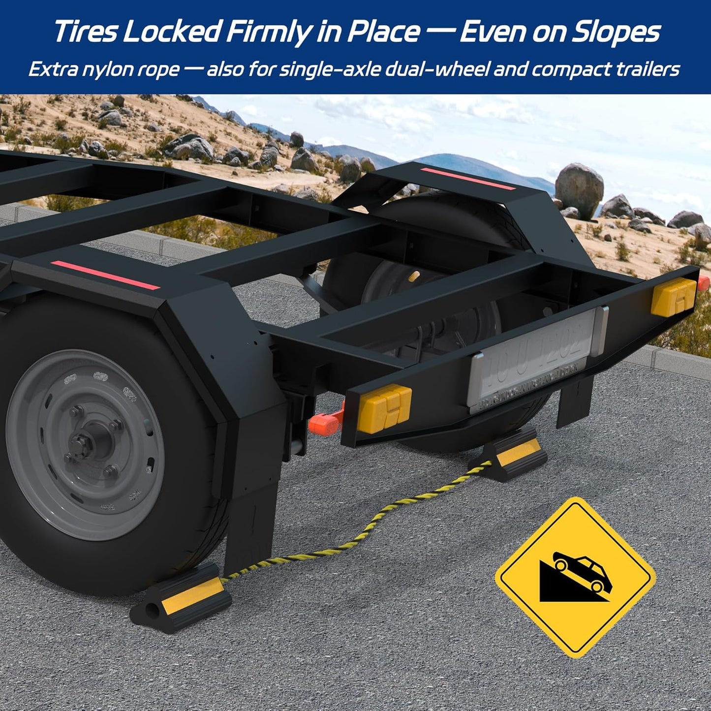 Heavy Duty Rubber Wheel Chock, Non-Slip Tire Stopper with Durable Nylon Rope, for Cars, Trucks, RVs, and Aircraft, 2 Pairs