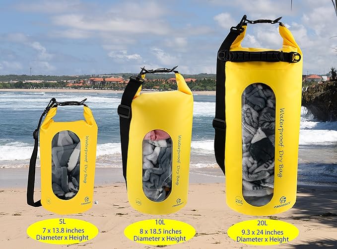 Waterproof Dry Bags Set of 3 Dry Bag with 2 Zip Lock Seals & Detachable Shoulder Strap, Waist Pouch & Phone Case - Can Be Submerged Into Water - for Swimming (Yellow(Window), 10L)