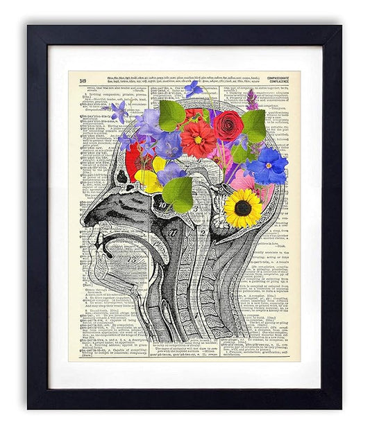 Vintage Anatomy Illustration Art, Dictionary Print, Antique Wall Art Home Decor, Modern Boho, Medical Posters, Farmhouse Decoration 8x10 Inches, Ready To Frame (Flowers on the Brain)
