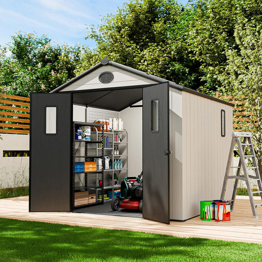 EAGLE PEAK 8x8 Resin Outdoor Storage Shed, Weatherproof Garden Shed with Floor & Lockable Doors, Tool & Equipment Storage for Backyard or Patio, White/Gray