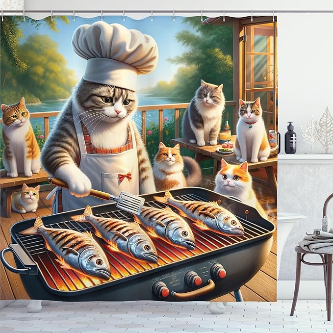 Ambesonne Cat Shower Curtain, Funny BBQ Themed Chef Kitty Grilling Fish for Pals Whimsical Backyard Barbecue Scene, Cloth Fabric Bathroom Decor Set with Hooks, 69" W x 84" L, Green Orange