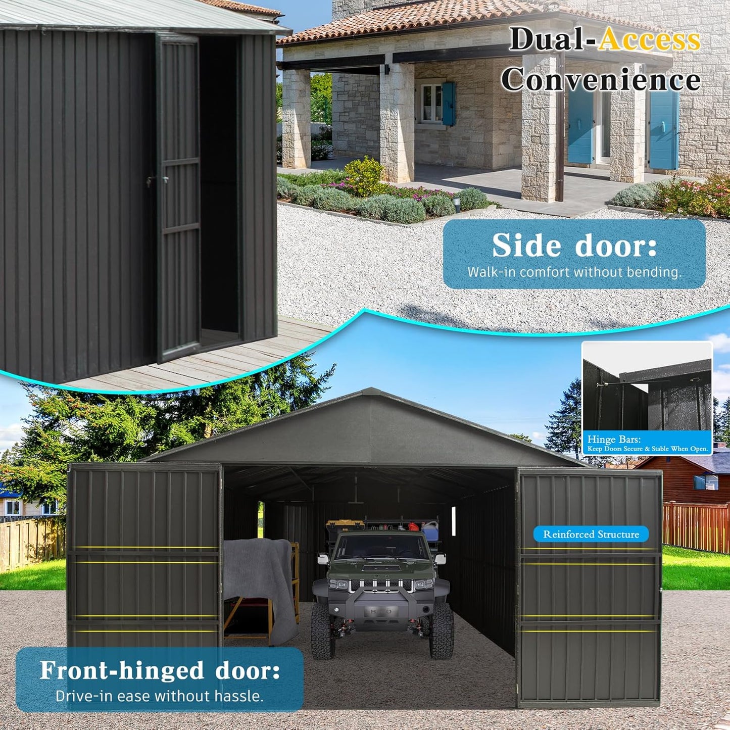 Domi 12x20FT Outdoor Garage Metal Shed, Extra Large Carport with Skylights & Dual-Entry, Backyard Storage Shed for Car, Truck, Lawn Mower and Tool, Dark Grey
