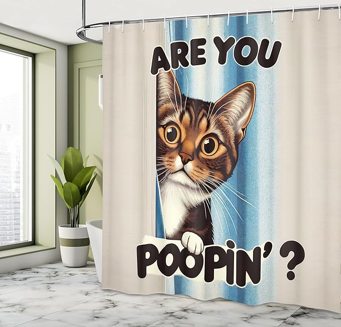Ambesonne Cat Shower Curtain, Vintage Curious Brown Kitten with are You Poopin' Writing Joke Humor Themed, Cloth Fabric Bathroom Decor Set with Hooks, 69" W x 84" L, Blue Coconut Chocolate