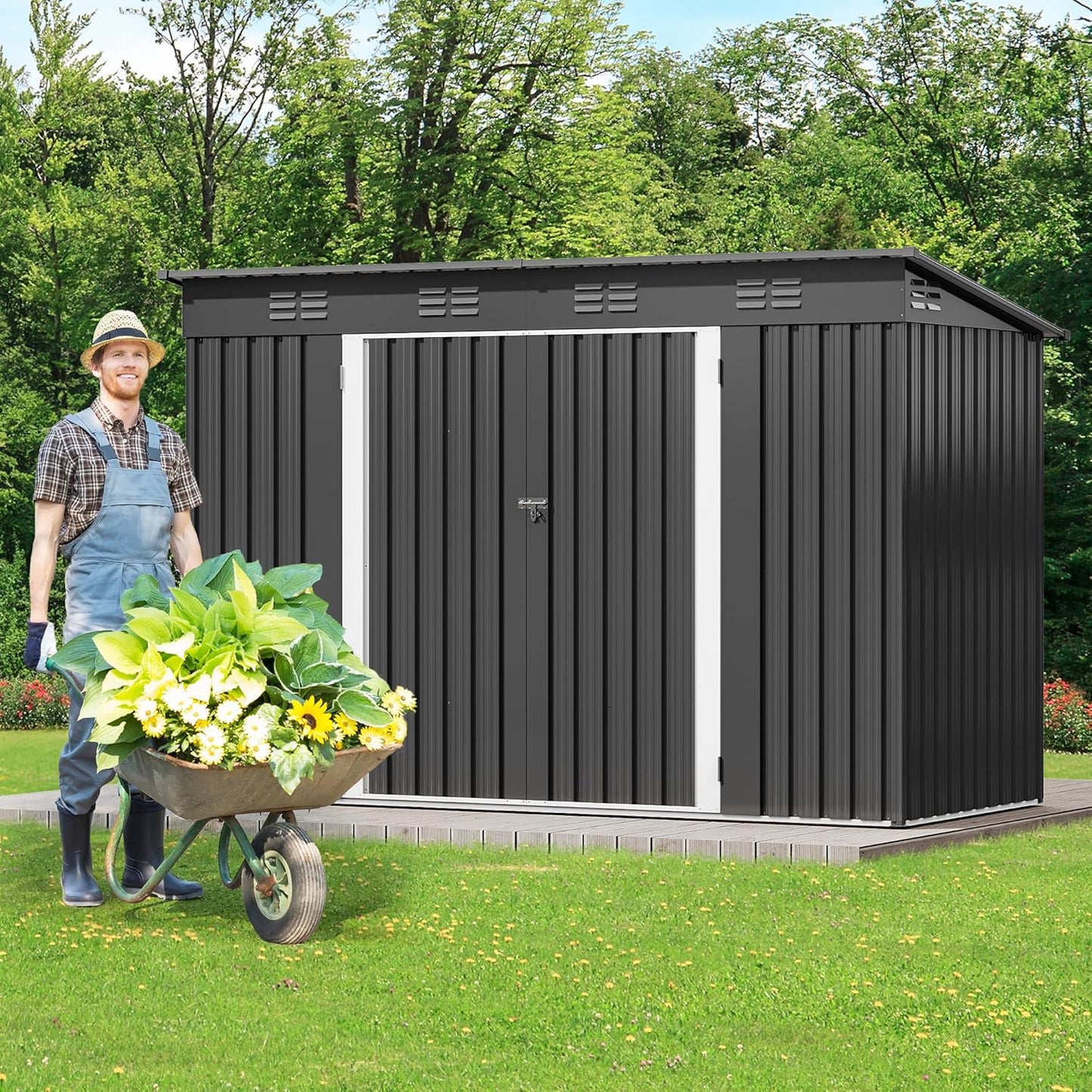 DWVO 9' x 4' Outdoor Storage Shed with Windows, Lockable Double Doors, Sloped Roof, Heavy-Duty Steel Shed for Garden & Patio, Large Backyard Tool Organizer, Dark Gray