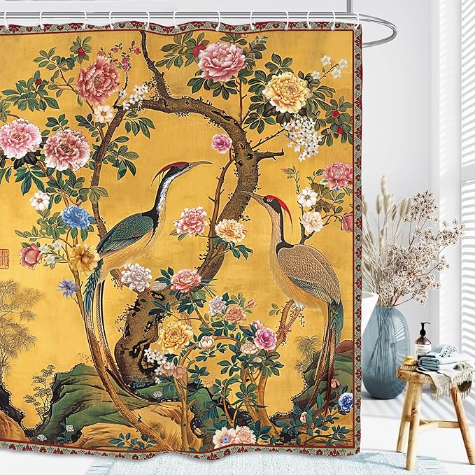 Vintage Flower Shower Curtain 60Wx72L Inch Crane Peony Vintage Retro Chinese Plant Botanical Yellow Bathroom Set Accessories Decor with 12 Pack Hooks