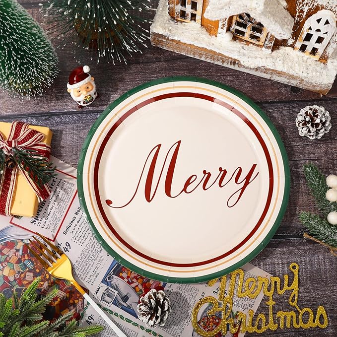 Whaline Merry Christmas Paper Plate Gingham Plaid Disposable Plate 9 Inch Red Green Checkered Dinner Dessert Plate For Xmas Winter Party Supplies Table Decor, 40Pcs