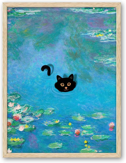UPWOIGH Beige Oak Wood Blue Framed Wall Art, 12"x16" Monet Prints Vintage Canvas Wall Art, Funny Cat in Water Lilies Posters for Room Bedroom Living Room Bathroom Wall Decor Aesthetic,1Pack Gifts