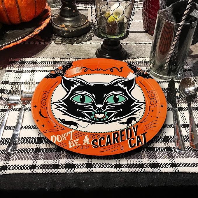 Whaline Halloween Paper Plates Vintage Orange Black Disposable Dinner Plates Black Cat Pumpkin Bat Skeleton 9 Inch Dinnerware Plate for Party Supplies Table Decor, 40Pcs