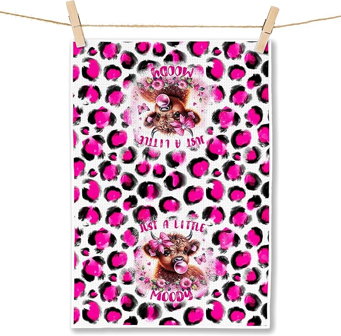 Western Cow Kitchen Towels Gifts for Cow Lovers Women, Trendy Hot Pink Leopard Hand Towels, Cows Gifts Hot Pink Kitchen Dish Towels, Western Cows Bathroom Decor, 16x24 Inches