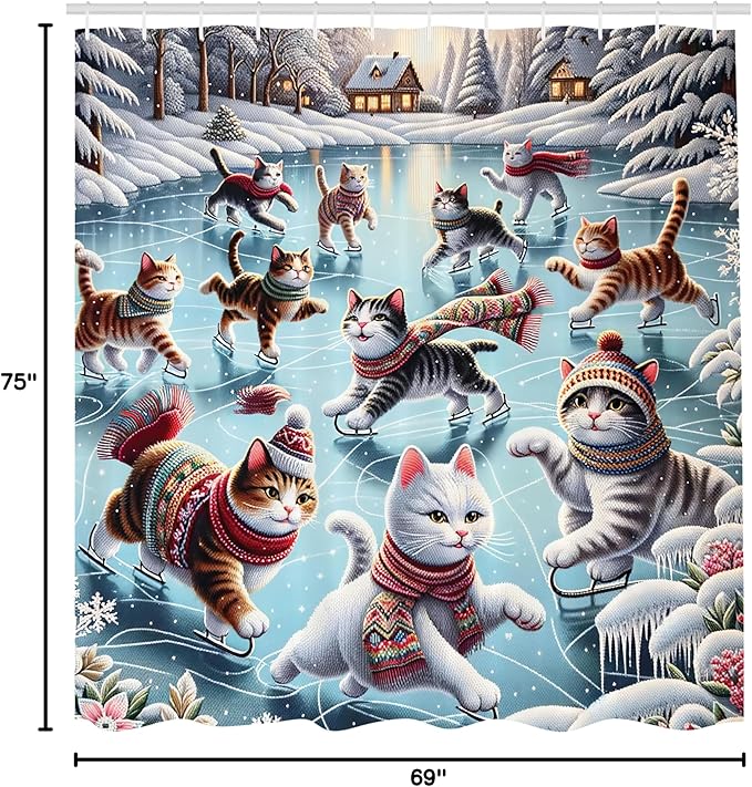 Ambesonne Cat Shower Curtain, Cozy Winter Woodland Scene with Cottages and Ice Skating Kitties Snow Fun, Cloth Fabric Bathroom Decor Set with Hooks, 69" W x 75" L, Soft Blue Burnt Orange