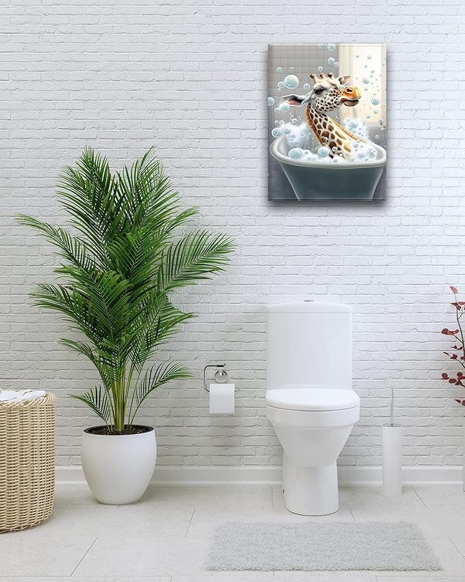 UPWOIGH Funny Bathroom Wall Art, Colorful Giraffe Wall Decor, Waterproof Wood Framed Canvas Wall Art Bathing Animals Abstract Prints, 30x40CM High-end Pictures for Bedroom Kids Room Dormitory 1 Pack