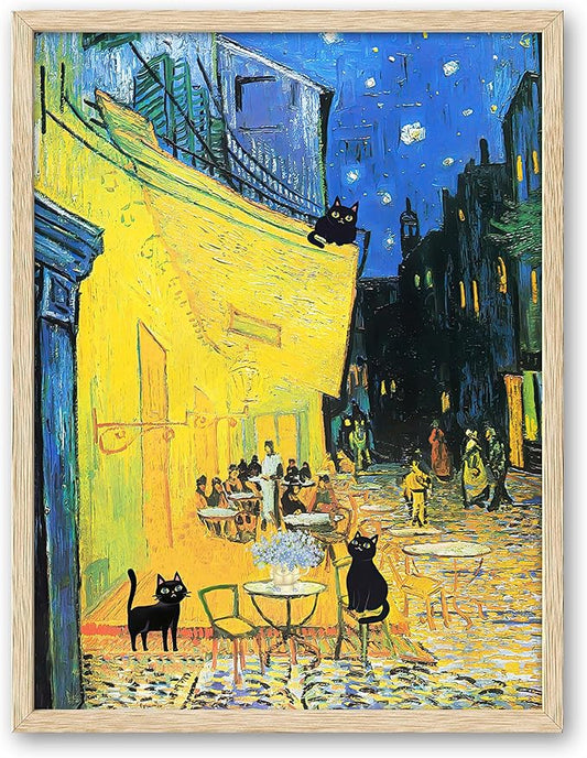 UPWOIGH Beige Oak Wood Yellow Framed Wall Art,3 Black Cats at Vincent Van Gogh's Cafe Terrace at Night,12"x16"Impressionist Painting,French Cityscape Print,Funny animals Art for Bedroom Bathroom,Gifts