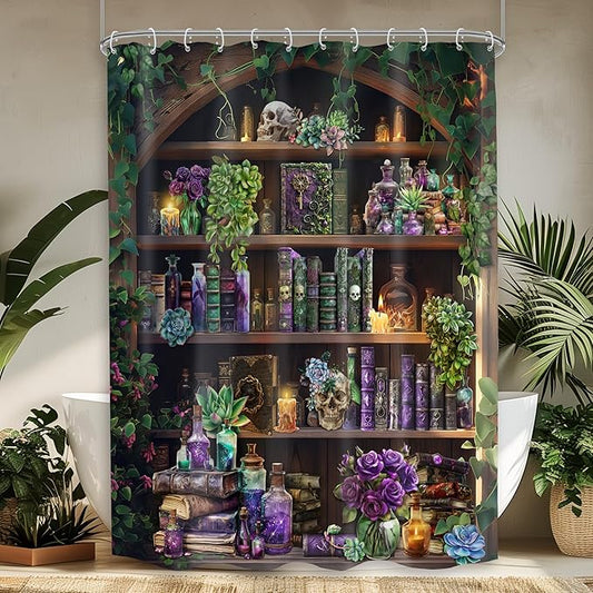 Small Stall Gothic Skull Shower Curtain 54Wx78H RV Spooky Wizard Vintage Withcy Black Bookshelf Succulent Unique Cool Bathroom Decor Mysterious Bath Curtain Fabric Polyester 12 Pack Hooks