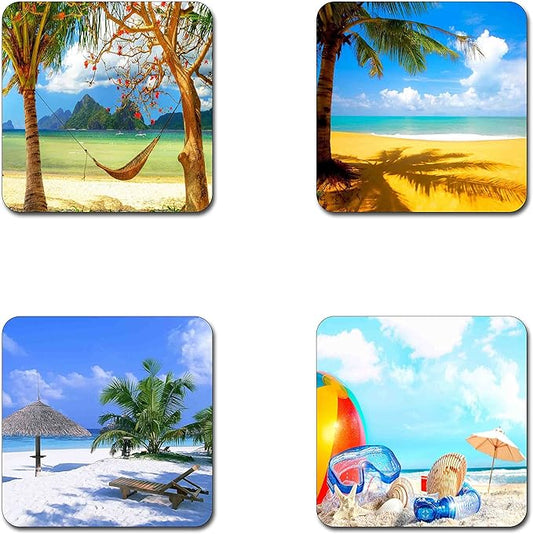 Summer Beach Pattern Square Coaster Set - Made of Recycled Rubber - Set of 4 …