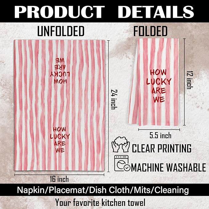 Trendy Pink Red Striped Kitchen Towels, How Lucky are We Decorative Hand Towels, Pink Girly Dish Tea Towels for Kitchen Decor, Trendy Preppy Bathroom Decor, 16x24 Inch