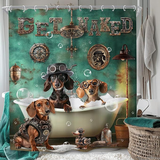SVBright Funny Dachshund Shower Curtain 60Wx72L Inch Kids Cute Dog Puppy Bathing in Bathtub Vintage Animal Hilarious Cool Pet Boy 12 Pack Hooks Polyester Waterproof Fabric Bathroom Bathtub Panels