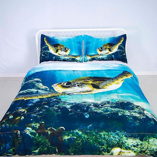 Turtle Comforter Set Twin Size Sea Bedding Set Ocean Animals Blanket Tortoise Comforters for Kids Boys Girls Bedroom Decoration
