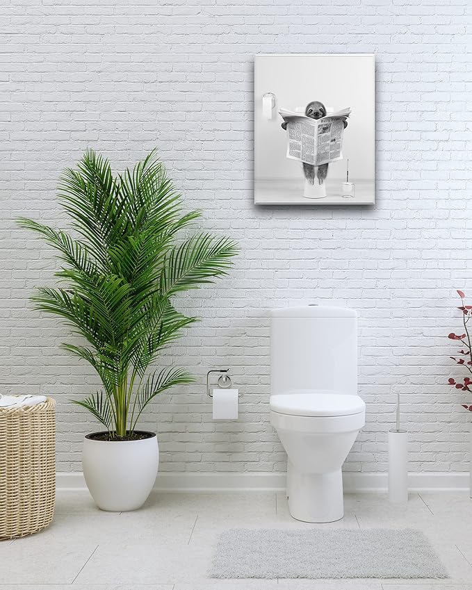 UPWOIGH Bathroom Wall Art,12x16in Black and White Sloth Wood Wall Decor,Animal Reading Newapapers Abstract prints for Bedroom Classroom 1 Pack Gift
