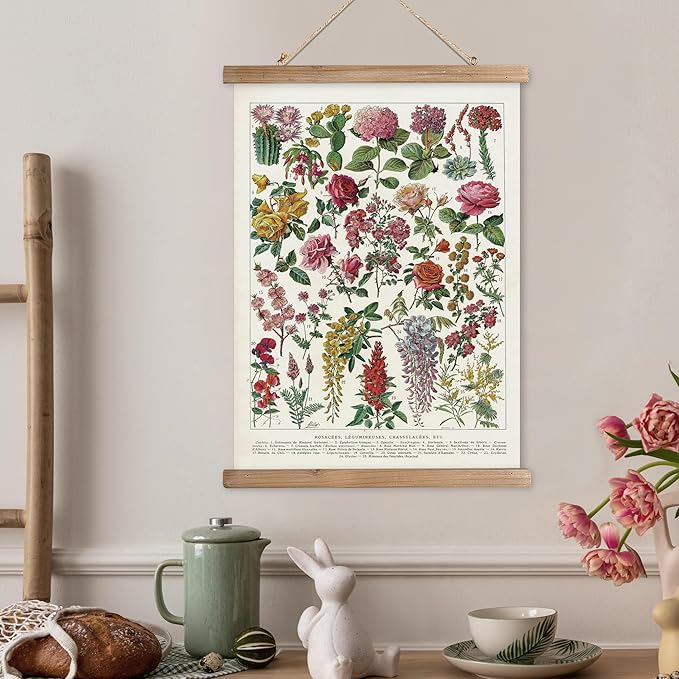 XIAOAIKA Vintage Wildflowers Poster Hanger Frame, Retro Style Wall Decor Art Painting, Patterns are Printed on Linen Without Fading, Scrolls Made of Fir are Durable (16 x 23 inches)