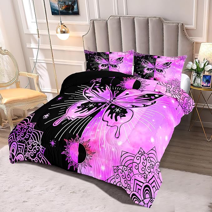 Butterfly Comforter Set for Girls Women, Butterfly Bed Set, Boho Butterflies with Sun and Moon Printed Bedding Sets, Black Purple Butterfly Comforter Set Full Size with 2 Pillowcases