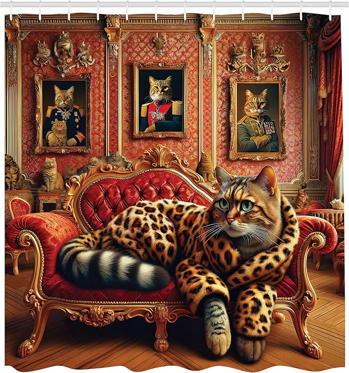 Ambesonne Cat Shower Curtain, Royal Kitty in Leopard Coat Laying on Lounge Sofa Whimsical Humorous Animal Art, Cloth Fabric Bathroom Decor Set with Hooks, 69" W x 70" L, Marigold Salmon