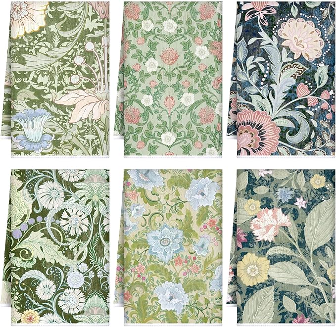 TecUnite 6 Pcs Vintage Floral Kitchen Towels Set Retro Flower Tea Towels Absorbent Dish Towels Decorative Colorful Hand Towel for Cleaning Drying Wiping Task Women Mom Housewarming Gifts Decor