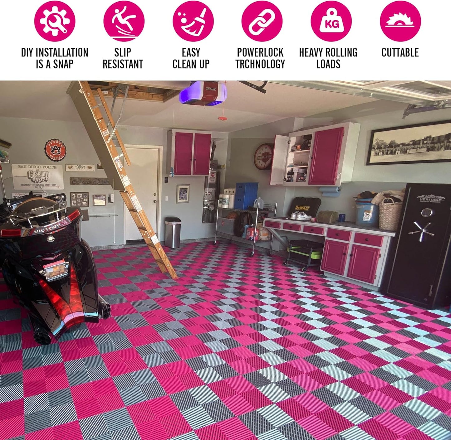 15.7"x15.7" Garage Flooring Tiles, Non-Slip Interlocking Plastic Garage Floor Mat, Garage Organization & Garage Storage, Vented Pattern (Carnival Pink, 25PCS)