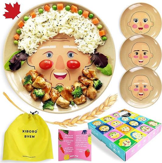 XIBORO BYEM Make A Face Plate For Kids (3 pcs) Canadian Design Picky Eater Unbreakable Microwave & Dishwasher Safe Cute Plates Biodegradable Toxin & Melamine Free