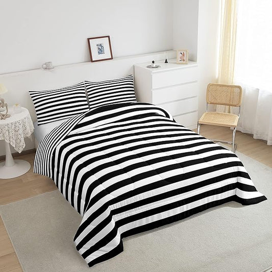 Striped Comforter Set Black and White Stripe Bedding Set Full Kids Boys Girls Women Men Farmhouse Ticking Stripes Duvet Set Horizontal Stripes Adults Abstract Gothic Home Decor Soft Reversible