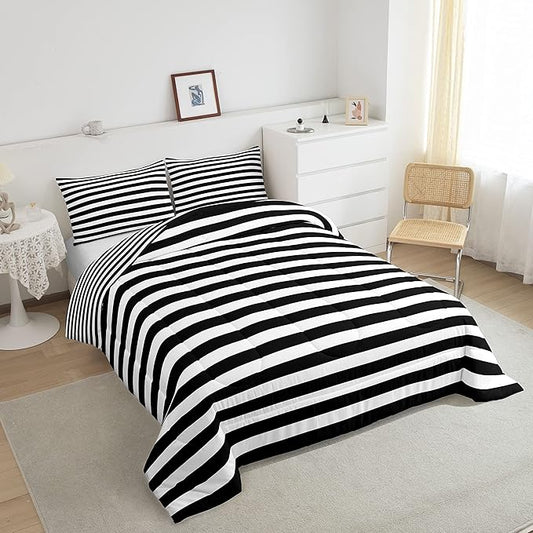Striped Comforter Set Black and White Stripe Bedding Set Twin Kids Boys Girls Women Men Farmhouse Ticking Stripes Duvet Set Modern Geometric Lines Adults Abstract Gothic Home Decor Soft Reversible