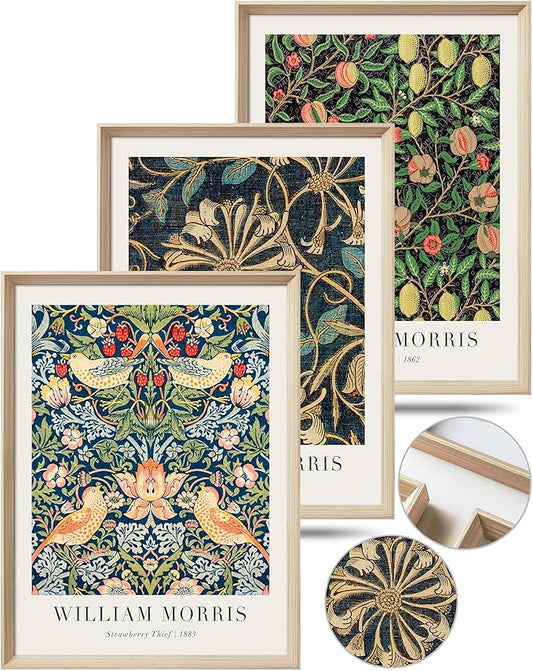 UPWOIGH Framed Vintage Wall Art, 16x12in William Morris Wood Canvas Wall Decor, Gold Strawberry Thief Wall Art, Birds Botanical Cotton Prints Poster for Living Room Bedroom,Bathroom