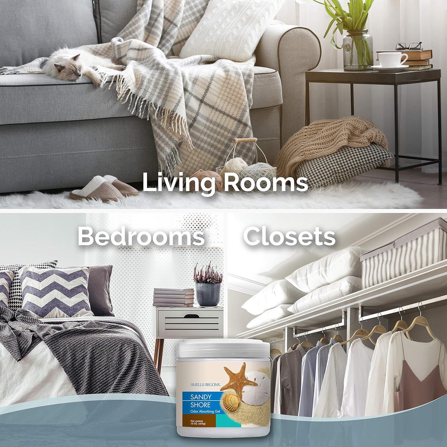 SMELLS BEGONE Air Freshener Odor Absorber Gel - 15 oz, Pack of 2 - Absorbs and Eliminates Odor in Pet Areas, Bathrooms, Cars, & Boats - Made with Essential Oils - Sandy Shore Scent