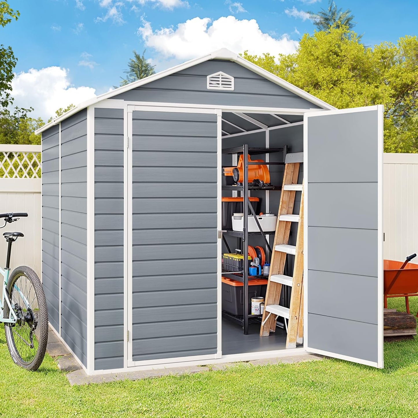 Gizoon 8x6 FT Outdoor Storage Shed with Floor, Resin Garden Tool Shed with Lockable Doors, Window, Vents, Reinforced Steel Frame, Waterproof Plastic Storage Sheds for Backyard, Patio, Lawn
