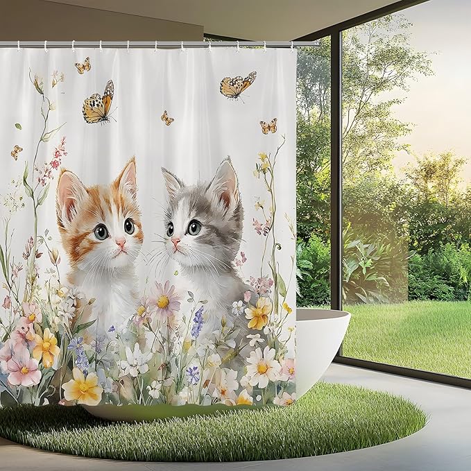 Butterfly and Kitten Floral Shower Curtain Cute Cat Spring Farmhouse Rustic Farm Animal Garden Cats Pet Lover Wildflower Bathroom Curtains Set Polyester Fabric with Hooks 80" W x 70" L