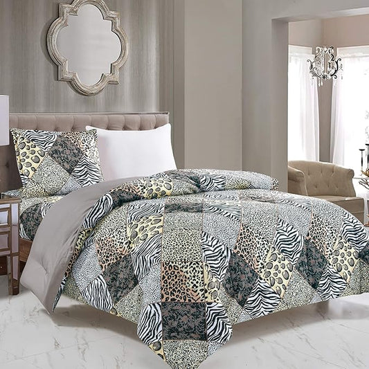 WPM 2 Piece Animal Print Comforter with Pillow Sham, Black White Gray Leopard Zebra Giraffe Jungle Forest Theme Design Twin Size Bedding- Safari (Black, Twin)