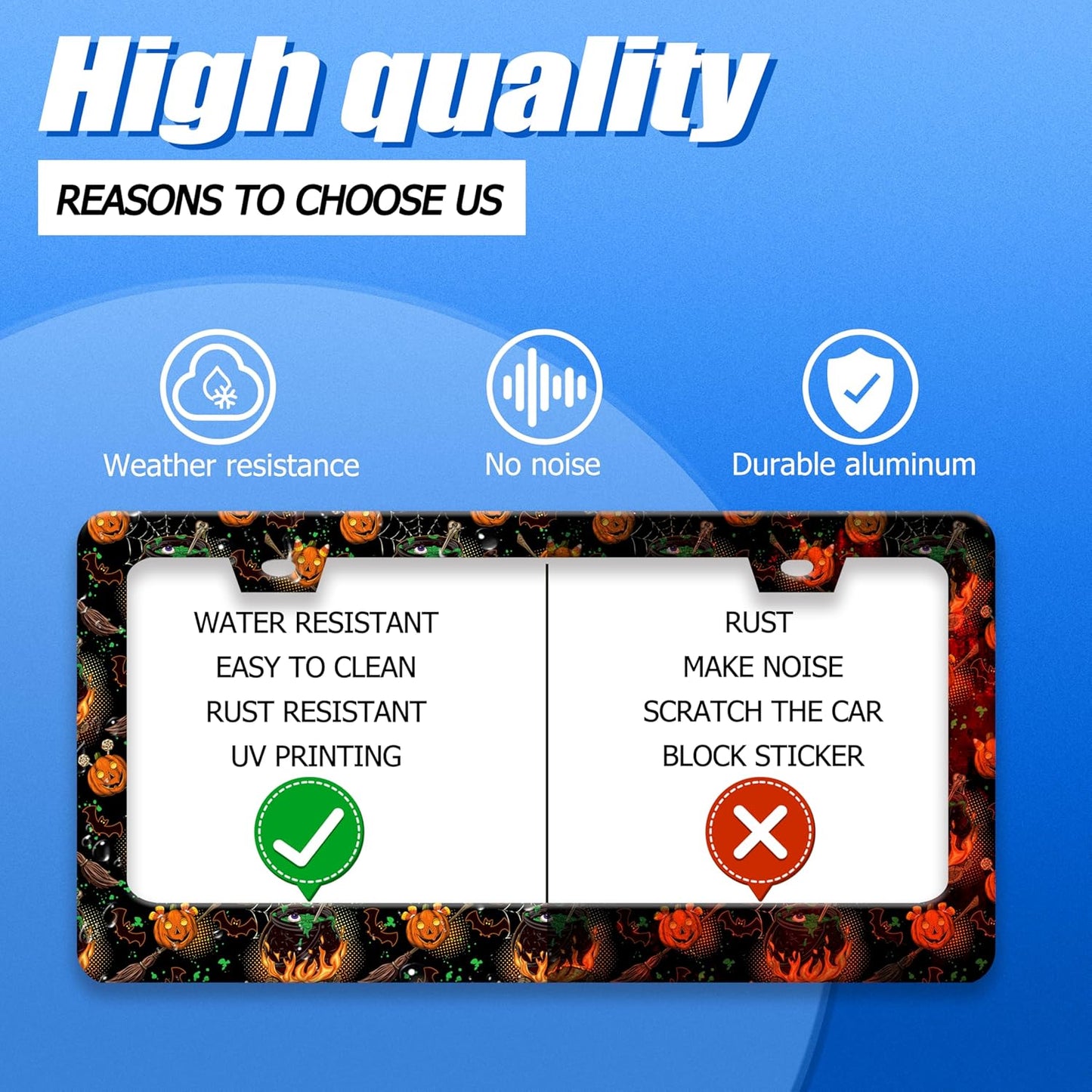 Halloween License Plate Frame Pumpkin Bats License Plate Stainless Steel Funny License Plate Holder for Men Women Universal Colorful Car Accessories Decoration 12.3" x 6.3"