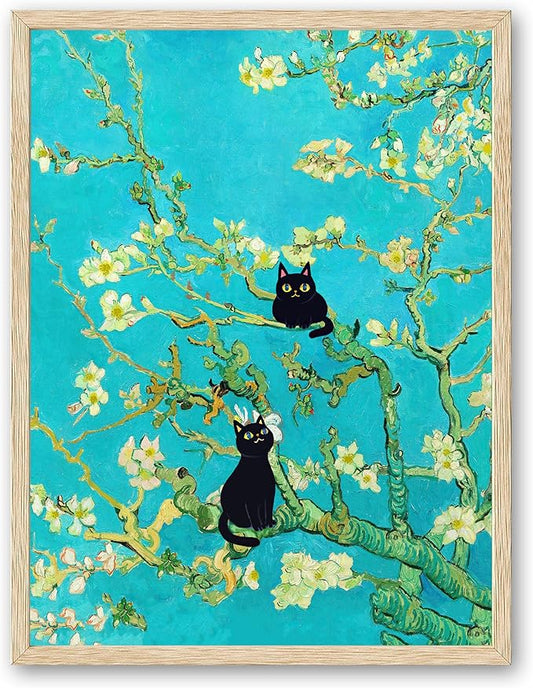 UPWOIGH Beige Oak Wood Framed Wall Art, 12"x16" Vincent Van Gogh Almond Blossoms Cat Print, 2 Cats in the Tree Poster, Cute Black Print, Funny Cat Art for Bedroom Bathroom, 1Pack Gift
